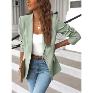 Imily Bela Women Business Casual Blazer Mint Green Lapel Collar Button Front Med